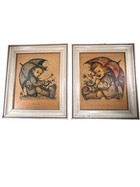 Vtg Hummel Framed Lithograph Prints Rainy Day & Come What May 1943 Set of 2